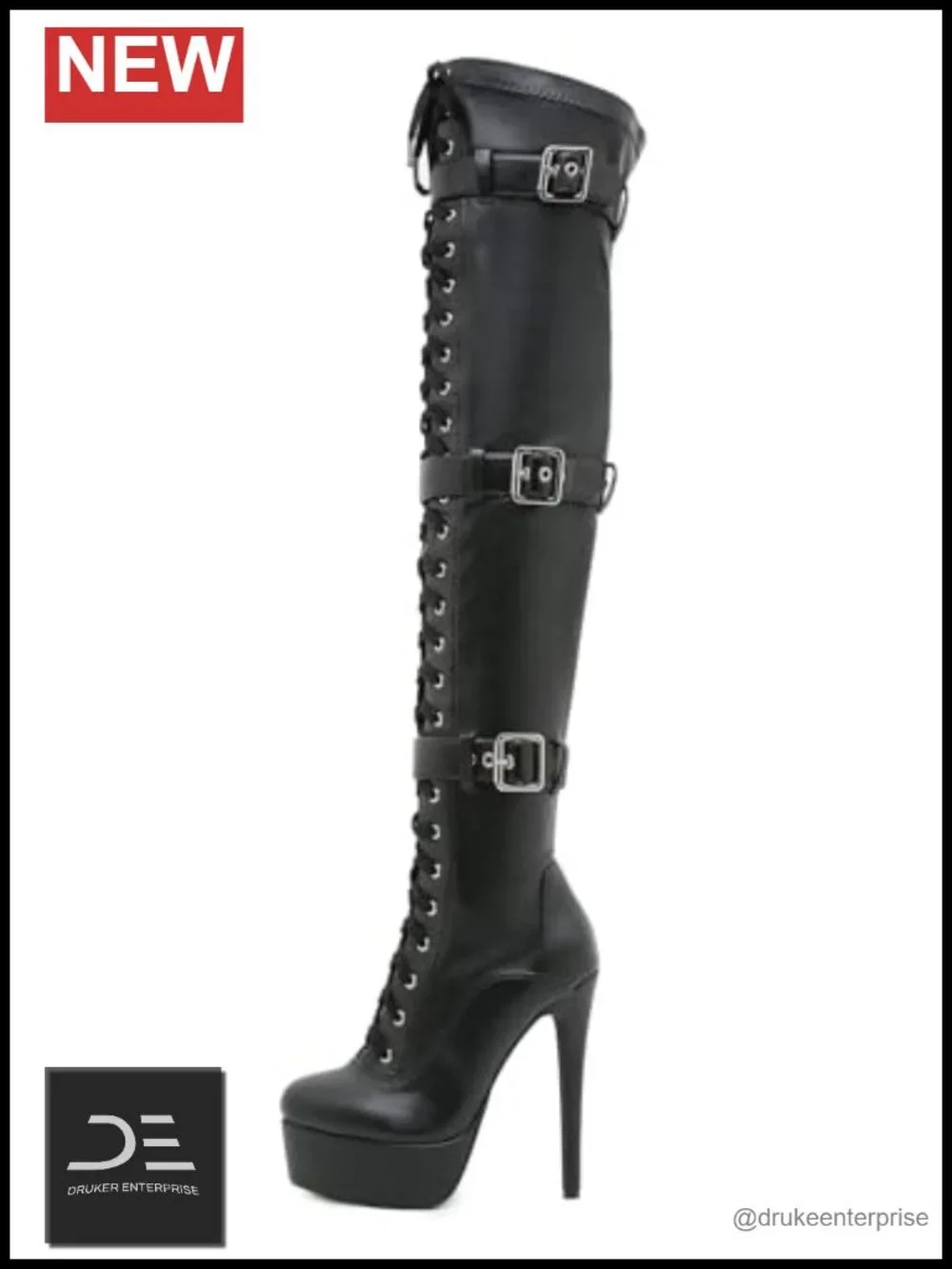 Women Over The Knee Platform Boots High Heel Stretch PU Leather Rear Zip Lace Up